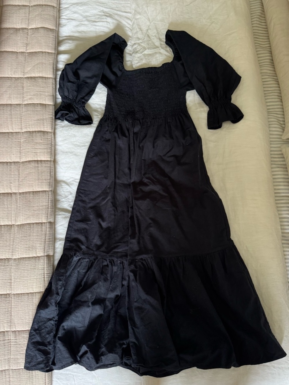 Bali Lane Black 100% Linen Puff Sleeve Midi Dress